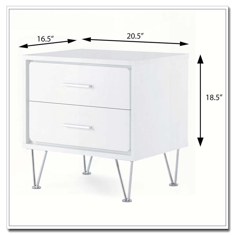 Table d'appoint blanche 2 tiroirs avec pieds en épingle à cheveux, Blanc