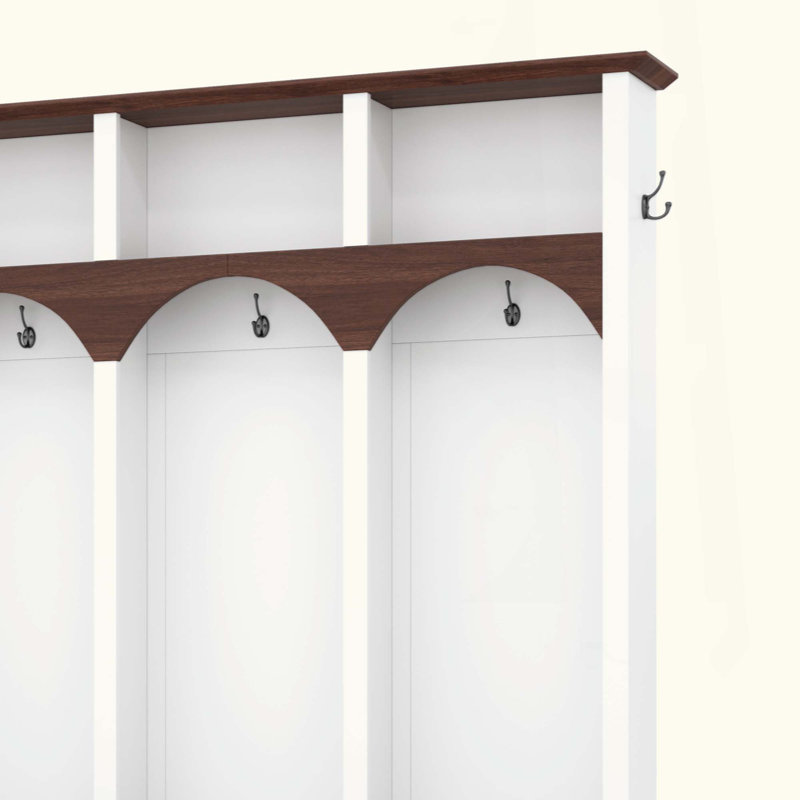Farmhouse Wooden Style Hall Tree With Arched Design, Practical Entryway Walnut Storage Bench With 5 Black Hooks, Minimalist 4-In-1 Hallway Shoe Cabinet With 7 Cubbies For Mudroom, Living Room, White