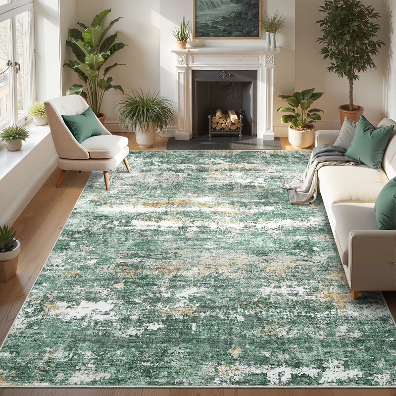 Tapis moderne lavable abstrait avec envers antidérapant, Vert, 9 x 12 pi