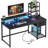 Computer Desk With  Led Lights And Power Outlets, Gaming Desk With Monitor Stand,Home Office Writing Desk With Storage And 2 Shelves-367572252-367572249