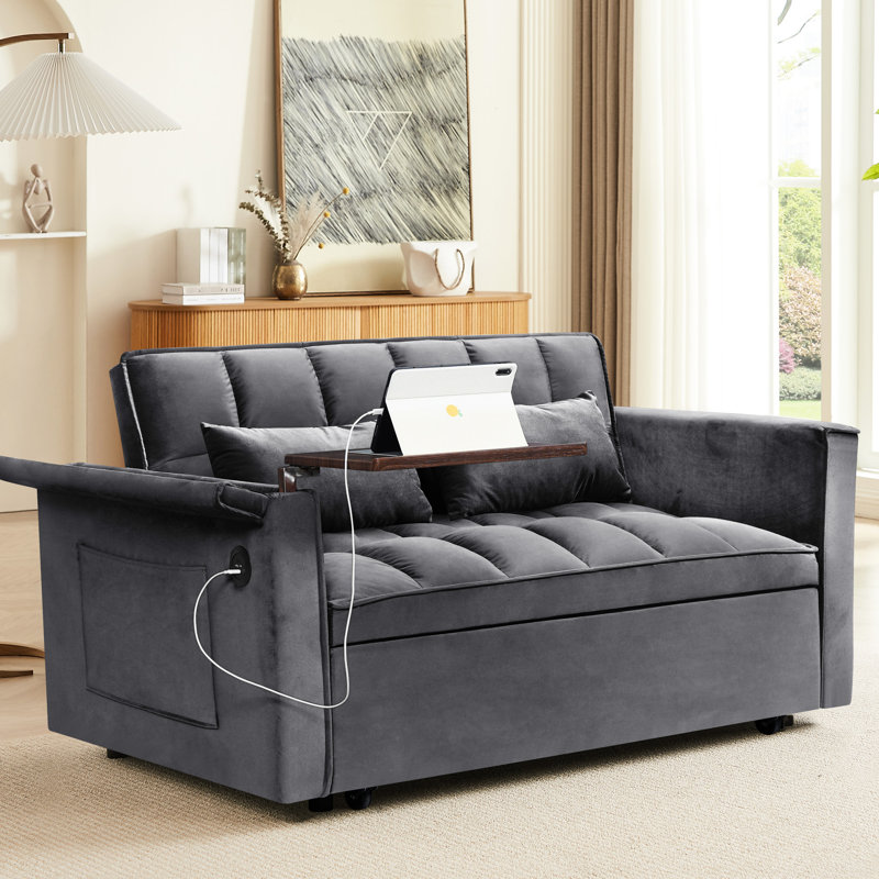 31 lits en velours pliable, dossier réglable, table d'appoint avec port, sac de rangement et coussins, salon gris foncé moderne et doux