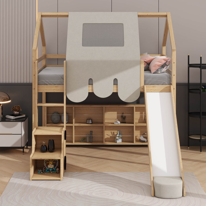 Delightful Wooden Loft Bed Boasting A House-Shaped Frame And Tent-Style Canopy, Natural/Beige, Twin