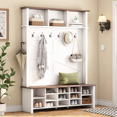 Arbre d'entrée 4 en 1 avec 6 crochets, banc d'entrée pratique en noyer avec tablettes réglables, range-chaussures rustique en bois avec 16 compartiments ouverts pour le vestibule, salon