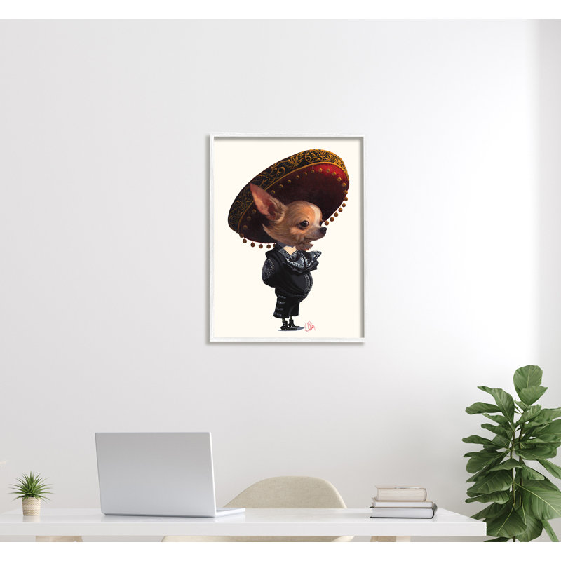 " Mariachi Chihuahua With Sombrero ", Coastal White Framed Giclee, 30" H x 24" W x 1.5" D