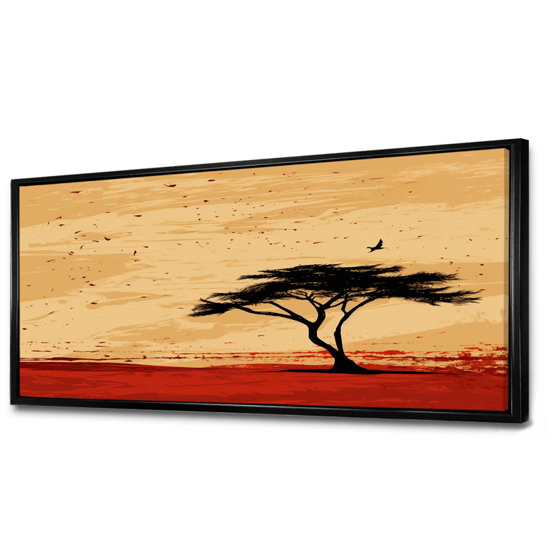 Arbre africain harmonieux 1 - Art mural africain, Cadre flottant noir, H 28 po x l 60 po x P 1,5 po