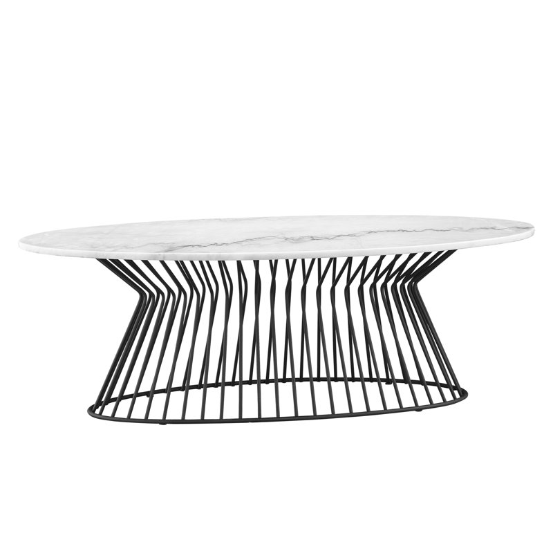 Marbury 48'' W White Oval Coffee Table with White Marble Top and Metal Frame