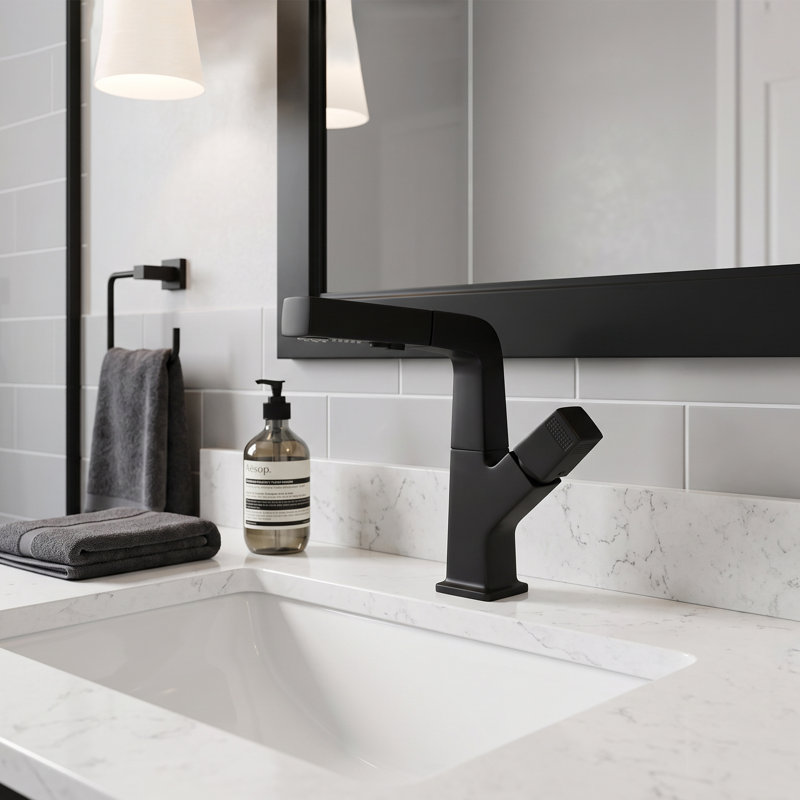  Robinet de lavabo de salle de bain monocorps à poignée simple avec ensemble de drain optionnel, Noir mat