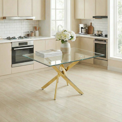 Verre trempé doré de table de salle à manger l 59,06 po x P 35,43 po