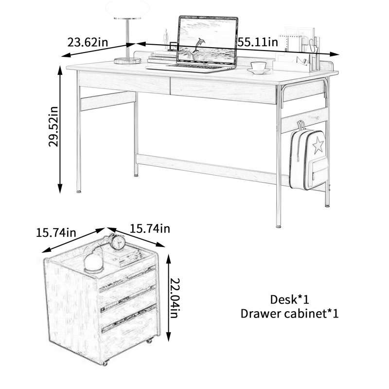 Bureau d'écriture durable et multifonctionnel à 2 tiroirs, H 29,52 po x l 55,11 po x P 23,62 po