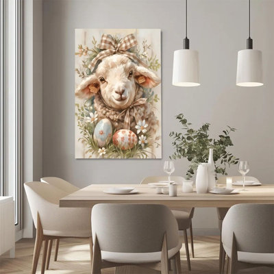 2D Flat, 1Pc Framed St. Patrick's Day & Easter Canvas Wall Art, Easter Lamb, Colored Eggs and Daisies, Watercolor Pastoral Style Art Print Canvas Poster Painting Winter Home Wall Decor, Ideal Gift, Ready To Hang