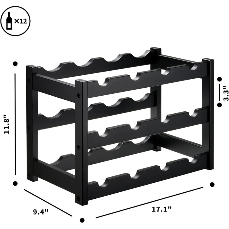 Support à vin en bambou, étagère d'armoire à vin robuste et durable, comptoir à vin pour garde-manger, cuisine, support à vin à 3 niveaux et 12 bouteilles - noir