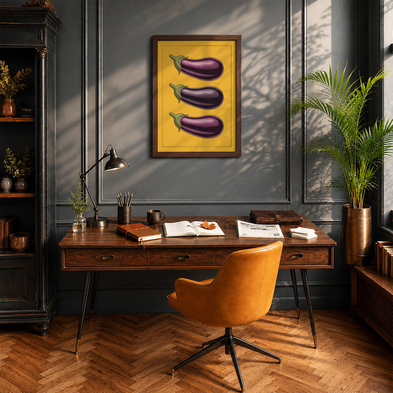 Three Eggplants Modern - Framed Print, A3 - 42.0 x 29.7 cm, Walnut