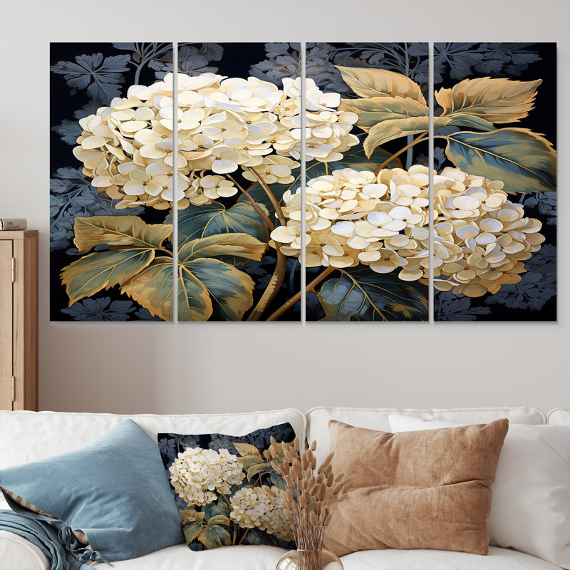 Hortensia blanche fleur rétro Illustration - ensemble d'hortensias muraux 4 pièces, H 28 po x l 48 po