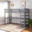 Lit mezzanine double surélevé gris avec supports de rangement et bureau intégré sous le lit