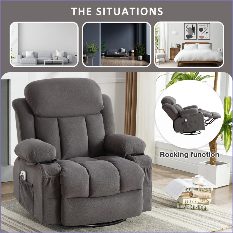 Canapé inclinable avec chauffage de massage à 8 points d'acoustique, port USB, porte-gobelets et amp; Poches latérales | Gris ardoise | Métal Cadre en bois