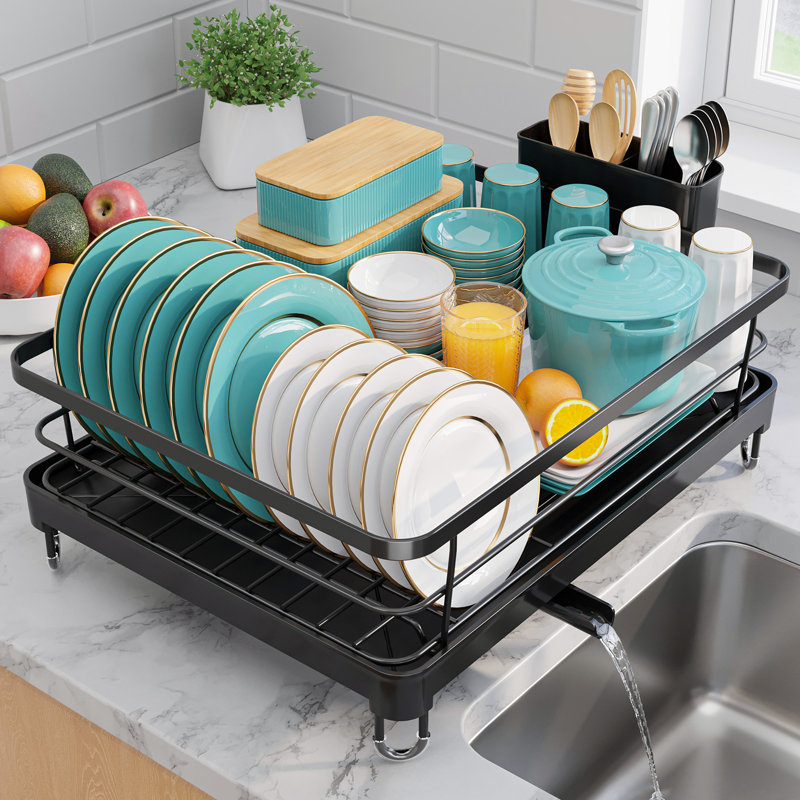 Stainless Steel Dish Drying Rack for Kitchen Counter, Sink Organization and Storage Essentials with Silverware & Utensil Holder, Home and Apartment Decor, 12.5''W x 16.5'L, Black