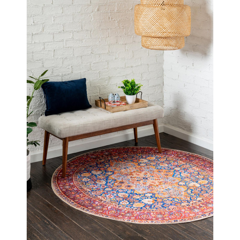 Tapis oriental bleu marine / rouge / orange, Rond 3 pi 6 po