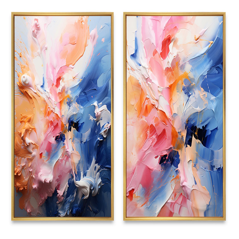 «Pink Blue Blossom Fusion», 2 pièces sur toile, H 40 po x l 40 po, Encadrement doré