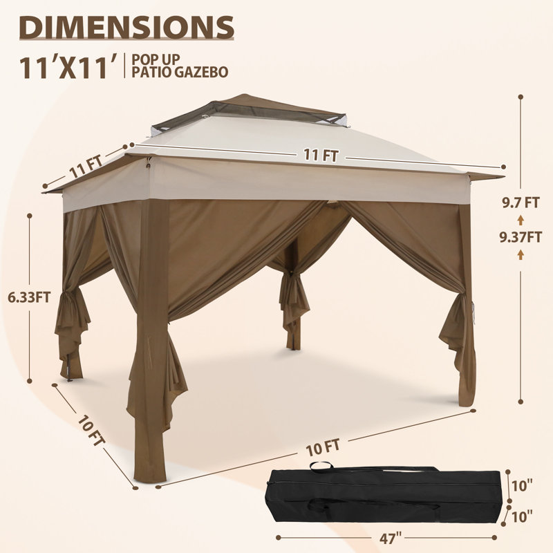 11x11 ft Patio Pop Up Canopy Gazebo with Side Walls, Outdoor Shelter Tent with Carry Bag and Weights, Beige