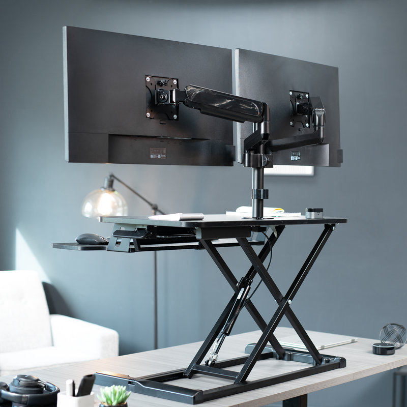 Black Adjustable Standing Desk Converter with Dual Monitor Mount