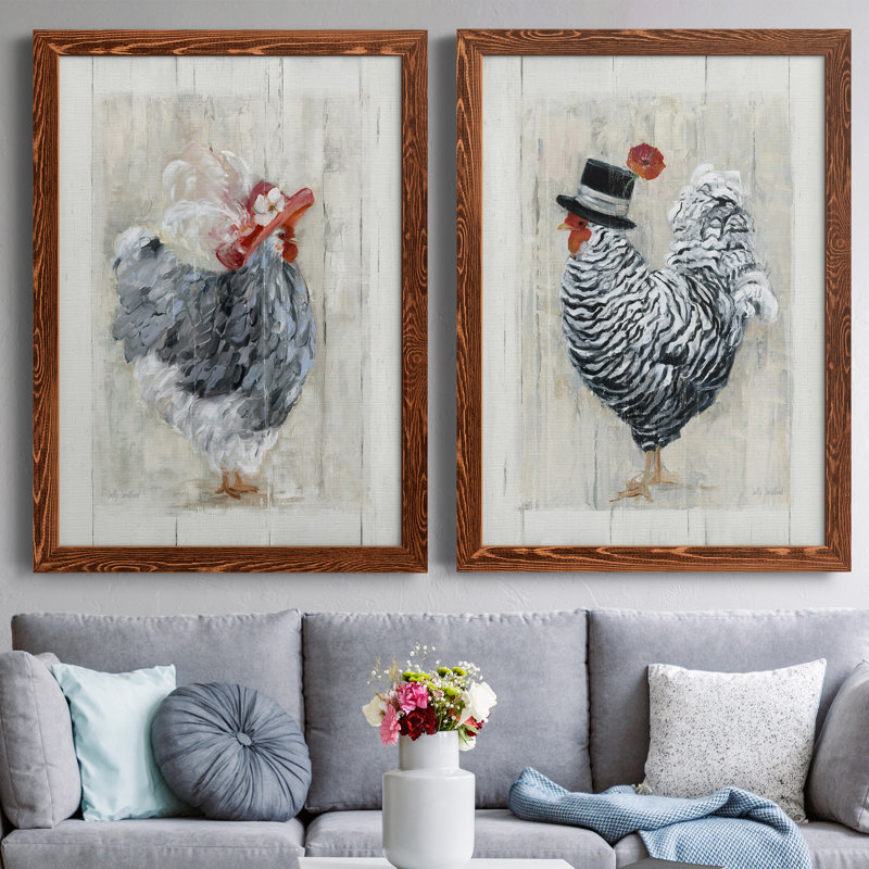 Dimanche, meilleure poule - ensemble de 2 reproductions d'art sur toile encadrées, Cadre en érable