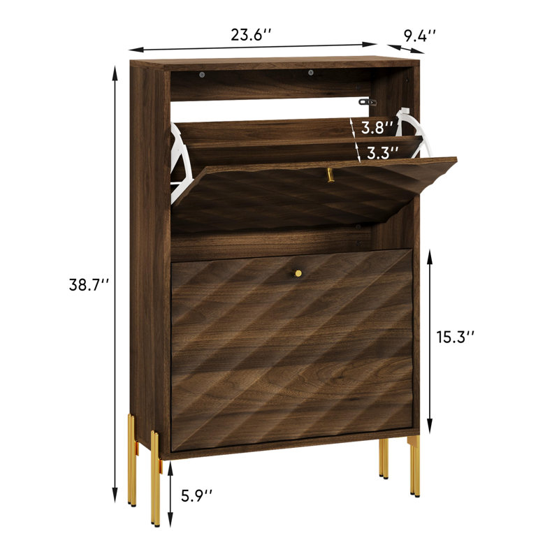 23.6'' Mid-century Modern Walnut Shoe Cabinet With 2 Flip Drawers