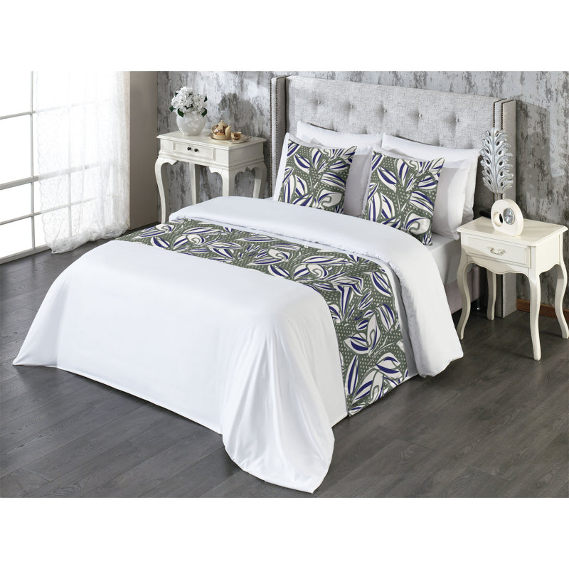 Ambesonne Tropical Bed Runner Set Foliage Flowers Dots Art Dark Lavender and Sage Green, King