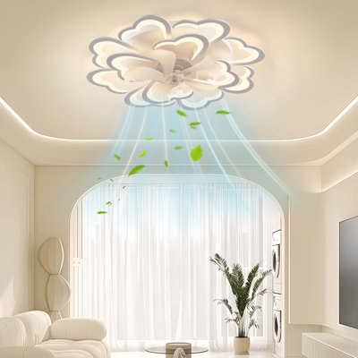 Acea 34.6" White Flower Ceiling Fan With Dimmable Light Modern LED Flush Mount Ceiling Fan Light Remote