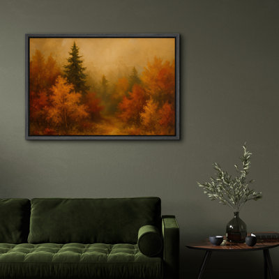 «Fall Woodland Scene with Red and Yellow Foliage Tranquil Nature», reproduction d'art sur toile encadrée