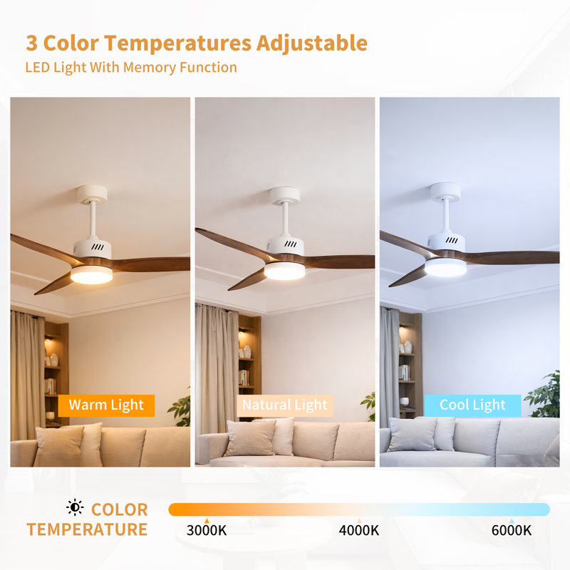 AuraVista 52" Modern 3-Blade Ceiling Fan with Light Kit & Remote Control – Downrod Mount for Stylish Airflow, White, Walnut