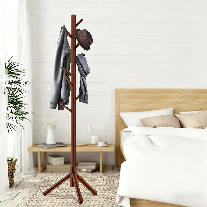 Multi-Height Wooden Coat Rack For Kids & Adults – 8 Hooks, Stable Triangular Base, Tool-Free Assembly For Entryway, Bedroom, And Office.(Brown)