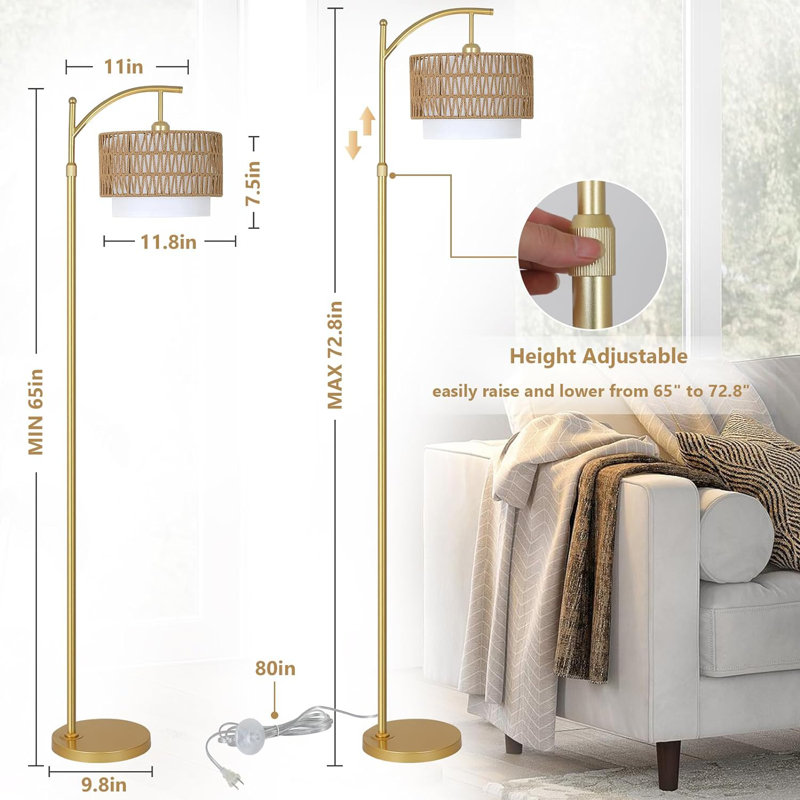 Arc Floor Lamp with 3 Color Temperatures, LED Gold Floor Lamp with Remote & Stepless Dimmable Bulb, Boho Standing Lamp with Rattan & Fabric Shades, Farmhouse Tall Lamp for Living Room Bedroom