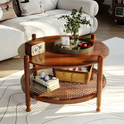 Table basse ronde en bois à 2 niveaux avec tablette de rangement