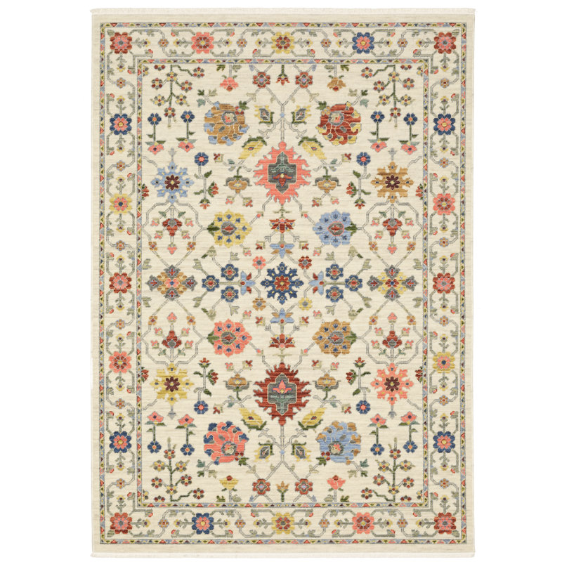 Oriental Machine Woven Beige/Pink Wool and Nylon Blend Area Rug, Rectangle 6'7" x 9'6"