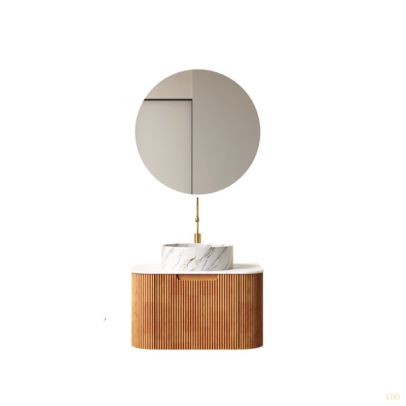 Meuble-lavabo de salle de bain avec lavabo, armoire de rangement de salle de bain murale à bordures courbes et flottantes avec tiroir, lavabo en céramique avec motif de pierre, pré-assemblé