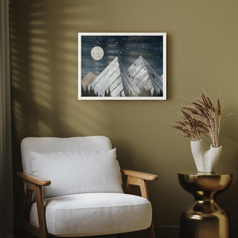 Montagnes bleues en bois sous les étoiles, Illustration moderne, petit décor, œuvre d'art moderne, Blanc, H 11 po x l 14 po