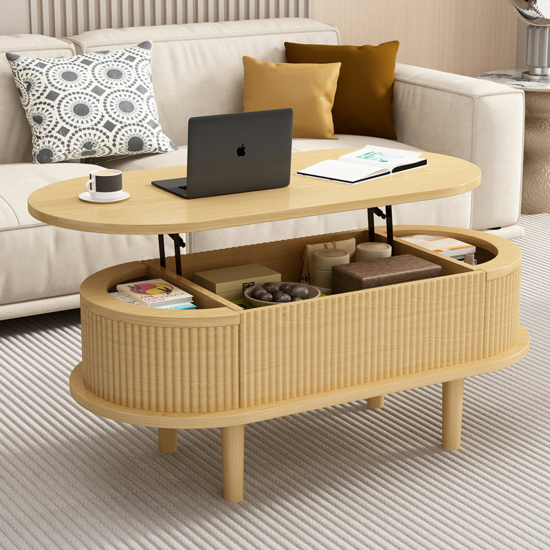 Table basse à plateau relevable moderne, structure cannelée, structure stable pour espace de vie avec panneaux, couleur naturelle, support hydraulique