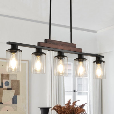 Modern 5-Light Linear Kitchen Island Pendant with Clear Glass Shades and Walnut Metal Frame