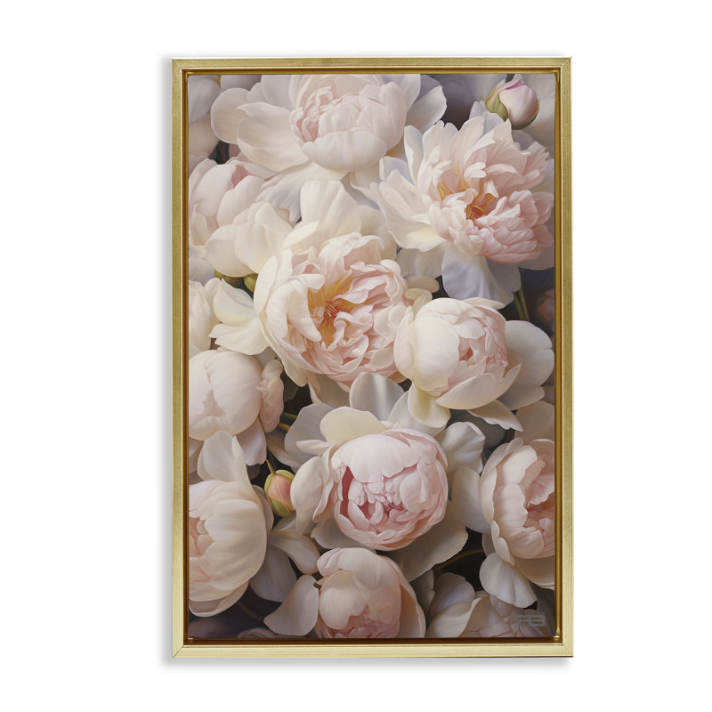 Fleurs flottantes avec pivoines roses encadrées par Roozbeh Bahramali, H 31 po x l 21 po, Cadre flottant métallique doré