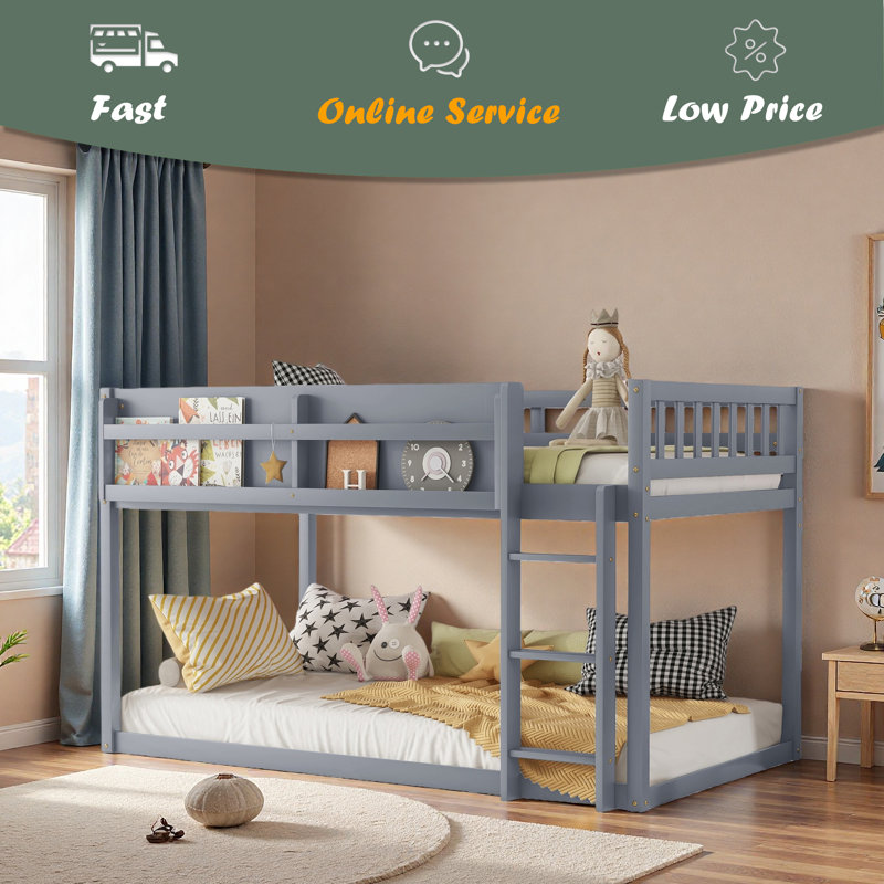 Lit superposé bas simple au-dessus de simple, lit superposé au sol avec échelle, lit superposé simple en bois massif pour enfants et adolescents