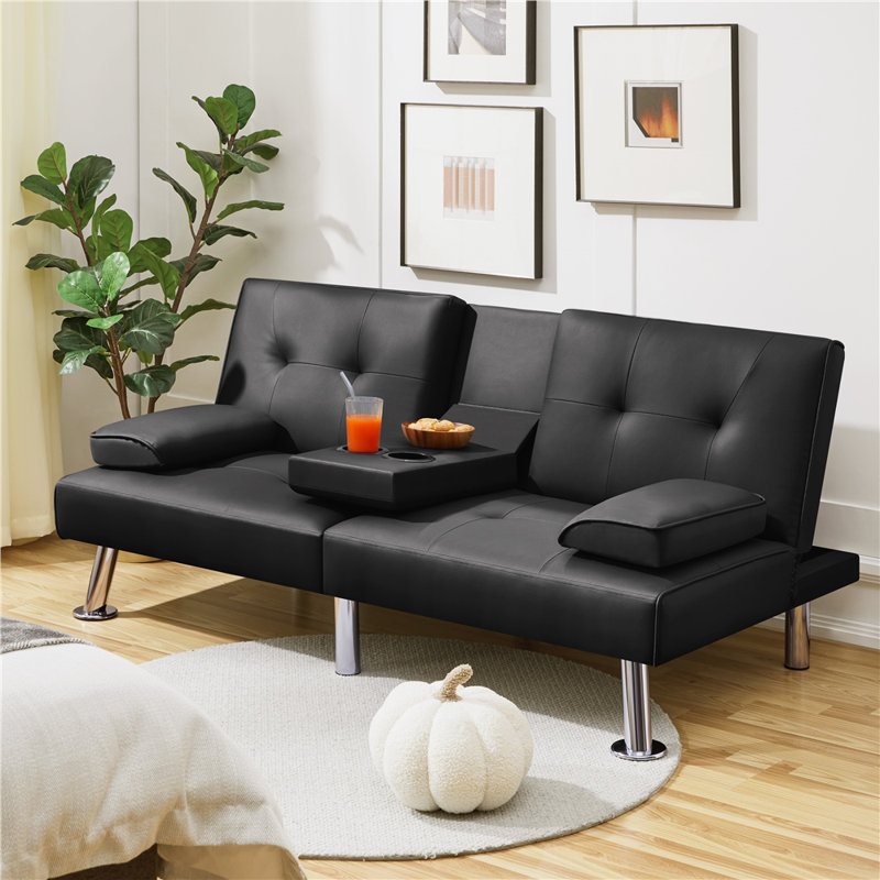 Janni Faux Leather Cushion Back Convertible Sofa with Cup Holder, 28"H x 63" W x 31.5" D, Black