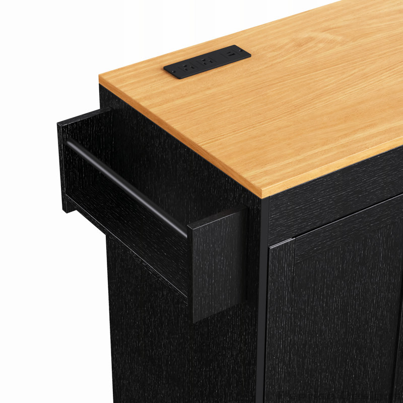 Îlot de cuisine 74,8 po avec table de salle à manger extensible, 3 tiroirs, prise de courant, Noir