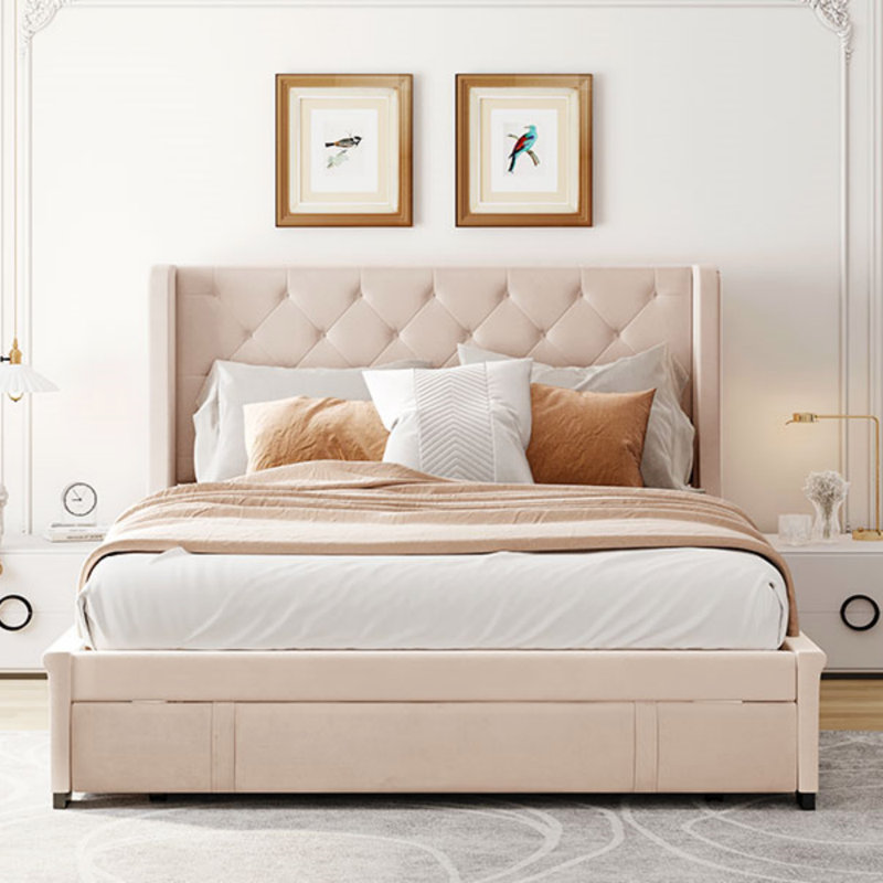 Grand lit de rangement rembourré en velours avec tête de lit à oreilles, conception élégante et robuste pour les chambres modernes