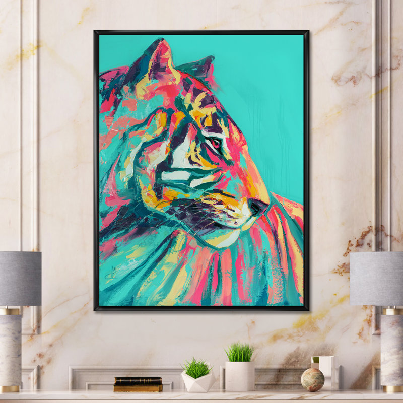 Pop Art turquoise et tigre rose - décoration murale moderne en toile, H 40 po x l 30 po x P 1,5 po