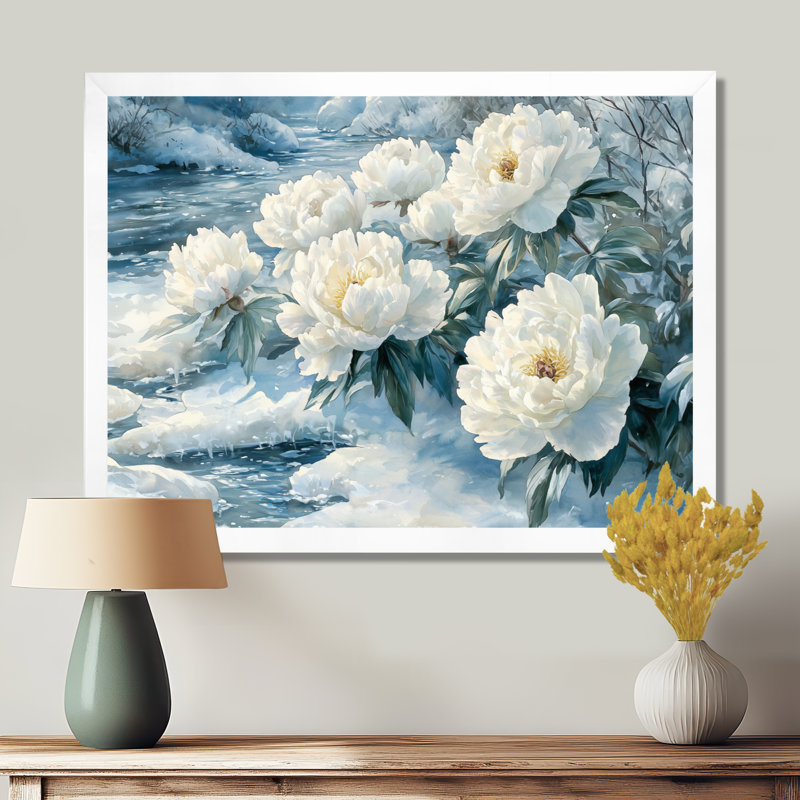 Loftin Winter Pivoines par la glace, rivière couverte II - pivoines, art mural large, Reproduction encadrée d'une seule photo