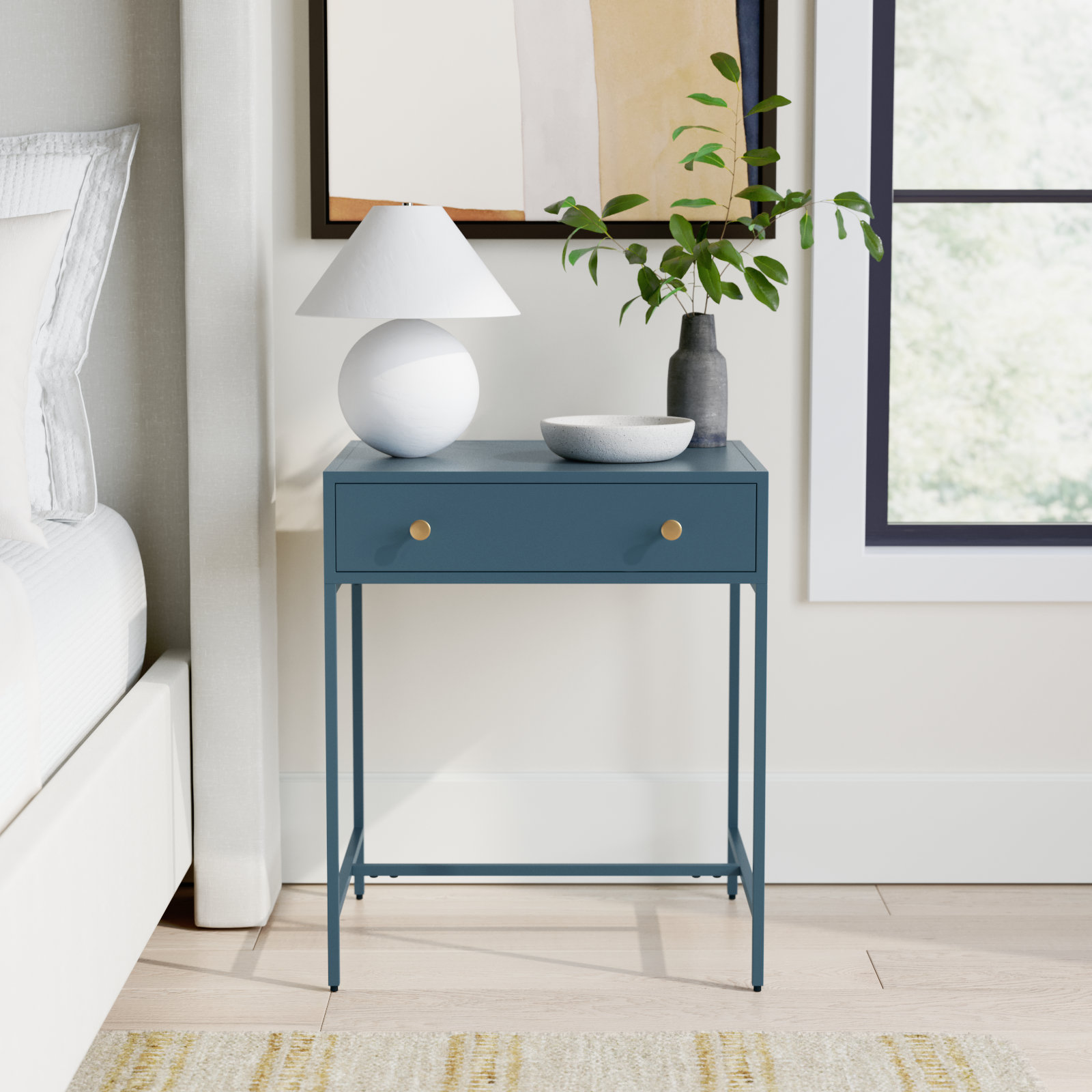 Walee 24'' Tall 1 - Drawer Iron Nightstand in Black, Blue