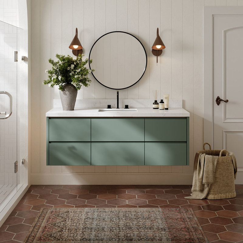   Ensemble de meuble-lavabo mural rectangulaire rectangulaire de 60 po avec comptoir à quartz blanc Carrara de 1,5 po Ensets