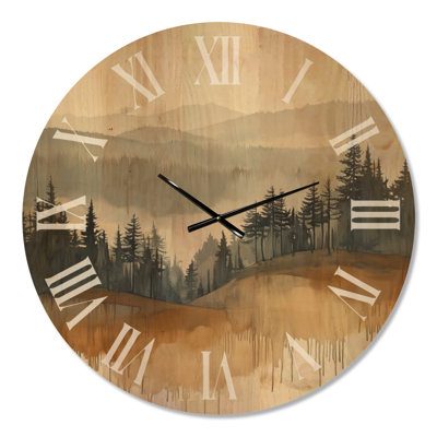 Horloge murale ronde « Forêt brumeuse de conifères V - Montagnes marines », impression sur bois