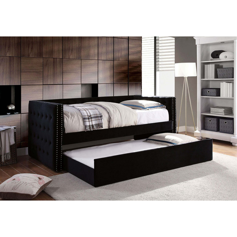 Transitional Style Daybed With Trundle Padded Button Tufted Upholstery Nailhead Trim Included Slat Kit Tuxedo Design, Black