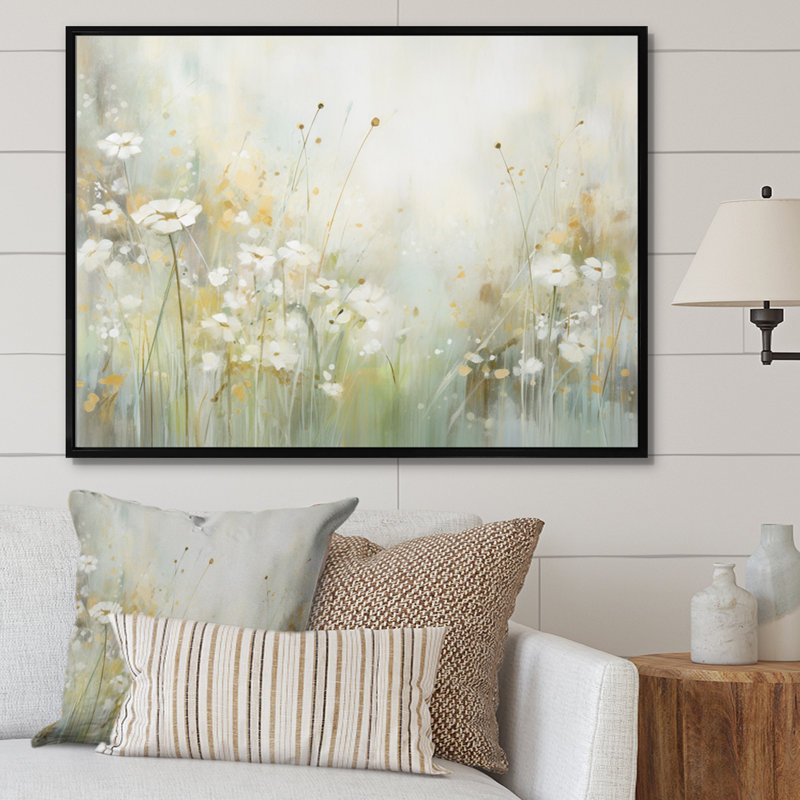 «Green Beige Serene Meadows II - Abstract Botanicals», art mural, H 16 po x l 32 po x P 1 po, Cadre flottant noir